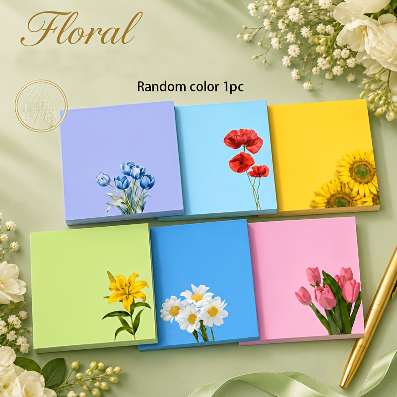 TEMU Lot de 1 bloc de notes autocollantes florales de couleur aléatoire, 7,62 x 7,62 cm, mignons papiers adhésifs à fleurs, carnet de notes décoratif