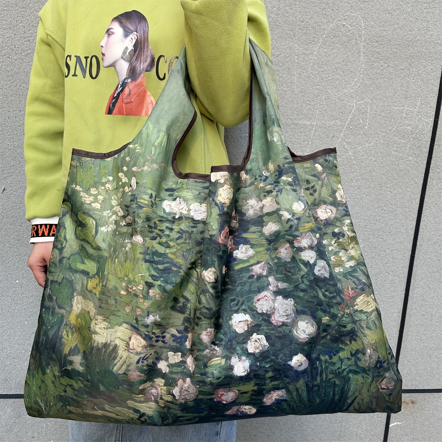 

Chic Floral Oil Painting Design Large Tote Bag - Lightweight, Foldable & Portable Shopping Shoulder Bag With Wrist Strap, Machine Washable Nylon