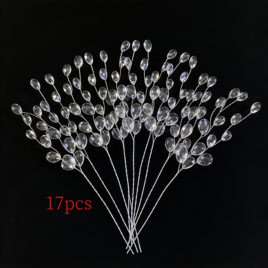 TEMU 17pcs Set Of Artificial Crystal Bead Flower Branches, Transparent Water Drop Acrylic Beads And Flower Stems, Silvery Inserts, Simulated Water