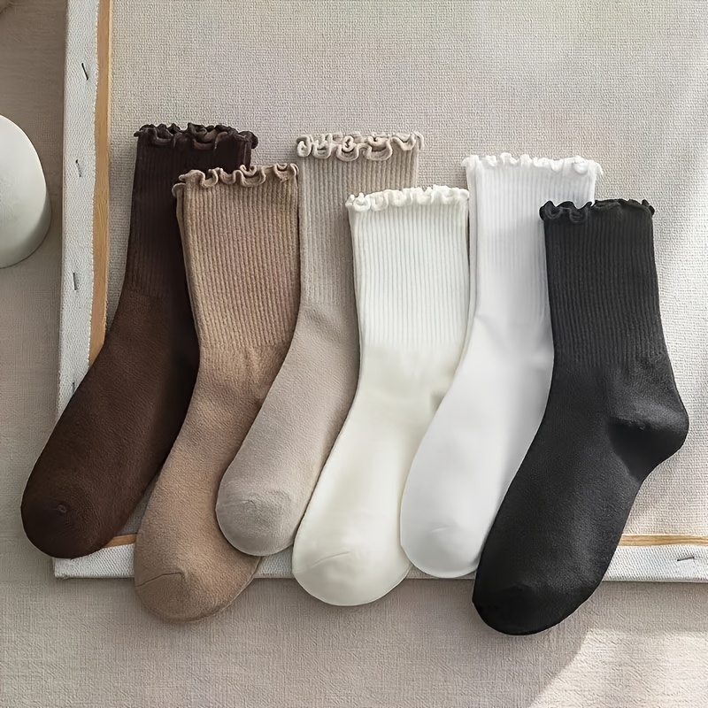 TEMU 6pcs 3 Pairs Women' Mid-calf Socks With Lace - Soft Stacked Textured, 6 Neutral Colors For Casual And Formal Wear, Comfortable Daily Wear, Cute