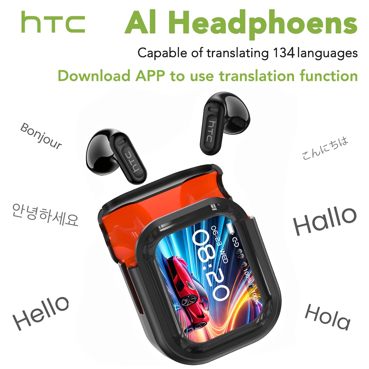 HTC NE20 AI Translator Earbuds – Real-Time Translation in 131+ Languages, Bluetooth 6.0 Wireless Earphones with Touch Control, LCD Screen, Gaming Mode & Premium Sound — Zaynora Luxury Marketplace