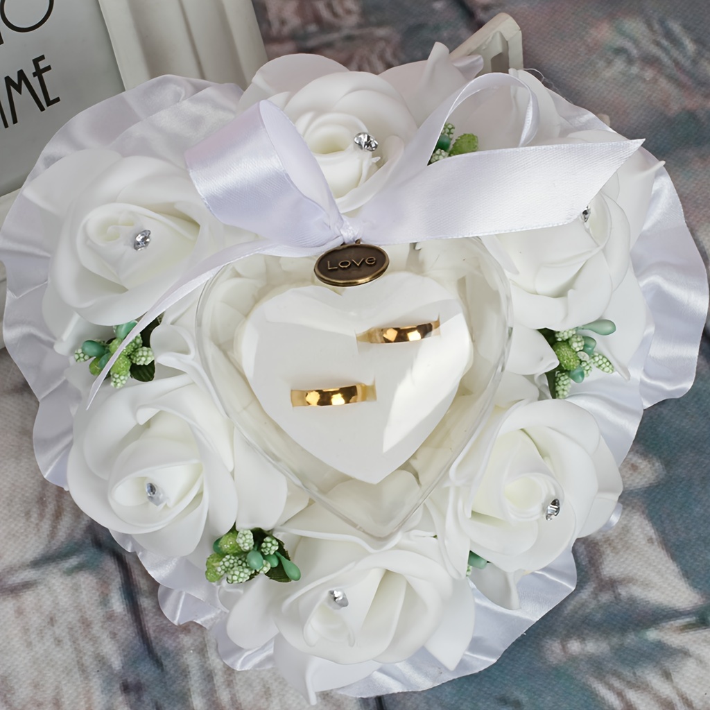 

1pc Heart Shaped Gift Ring Box Pillow Cushion Decorative Supplies, Romantic Rose Flower Wedding Ring Cushion Ring Box Wedding Favours 15x9cm