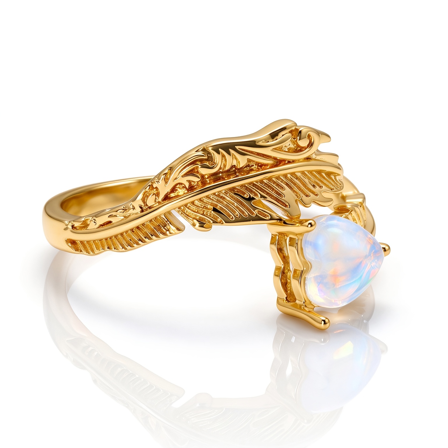 Vintage Feather Open Adjustable Heart Moonstone Ring