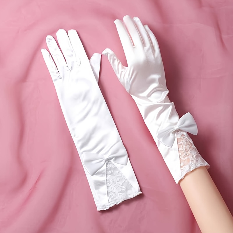TEMU Elegant White Bridal Gloves With A Simple Bow Decoration - Long Split-finger Design, Suitable For Bridal Wedding Decorations Or For Adult Ladies