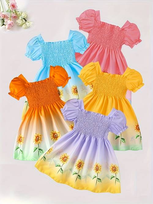 girls 5pcs gradient sunflower pattern shirred puff sleeve princess dresses set