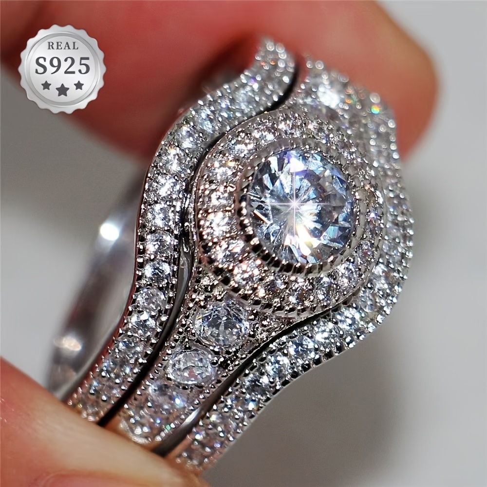 TEMU Bague en Argent S925 Fashion 3 pièces Moissanite Envoûtante | Ensemble de Bagues de Mariage pour Femmes avec Double Halo et Anneau de , Taille