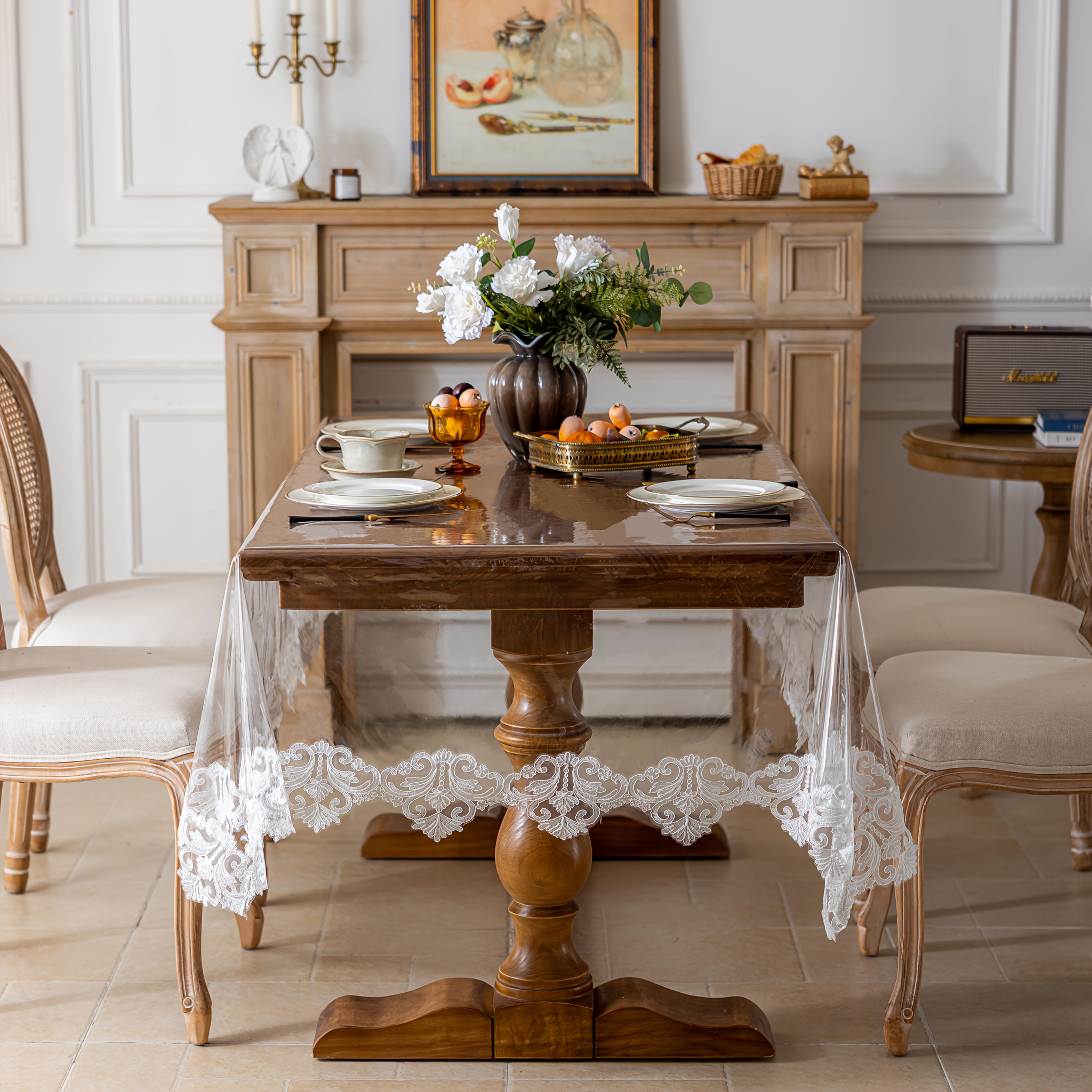 1pc Elegant PVC Tablecloth with Floral Embroidery Lace Trim - Non-Slip, Dust-Proof Round Table Cover for Dining Room, Kitchen, Cafe, Outdoor Parties & Holiday  , Machine-Made, Square Shape,     a Sophisticated Atmosphere, Dining Table Decoration | Floral Embroidery Design | Durable Tablecloth, Table Decorations