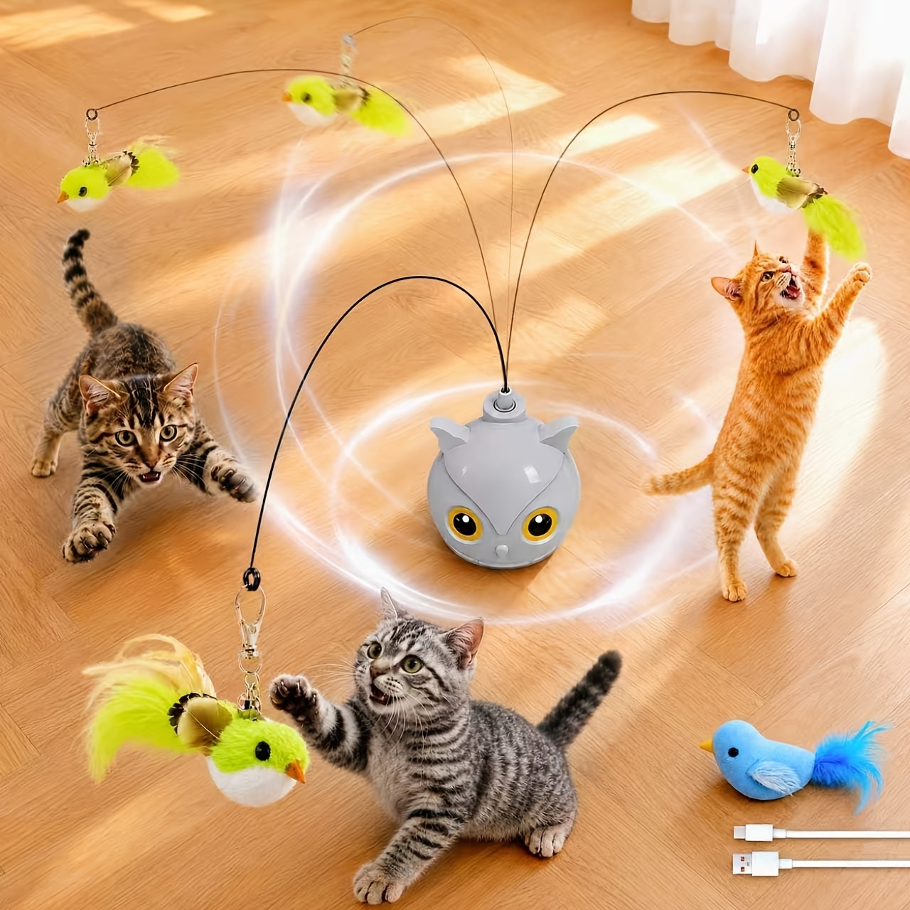 Interactive Cat Toys For Indoor Cats - Automatic Flying Toy With Sticky Suction Base, Usb Rechargeable Cat Teaser, Touch -play Toy For Bored Cats