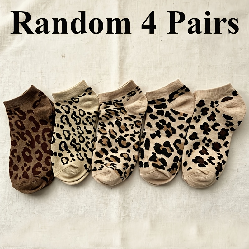 TEMU Lot de 4 paires aléatoires de chaussettes cheville à imprimé léopard pour femme, chaussettes basses décontractées, chaussettes polyvalentes