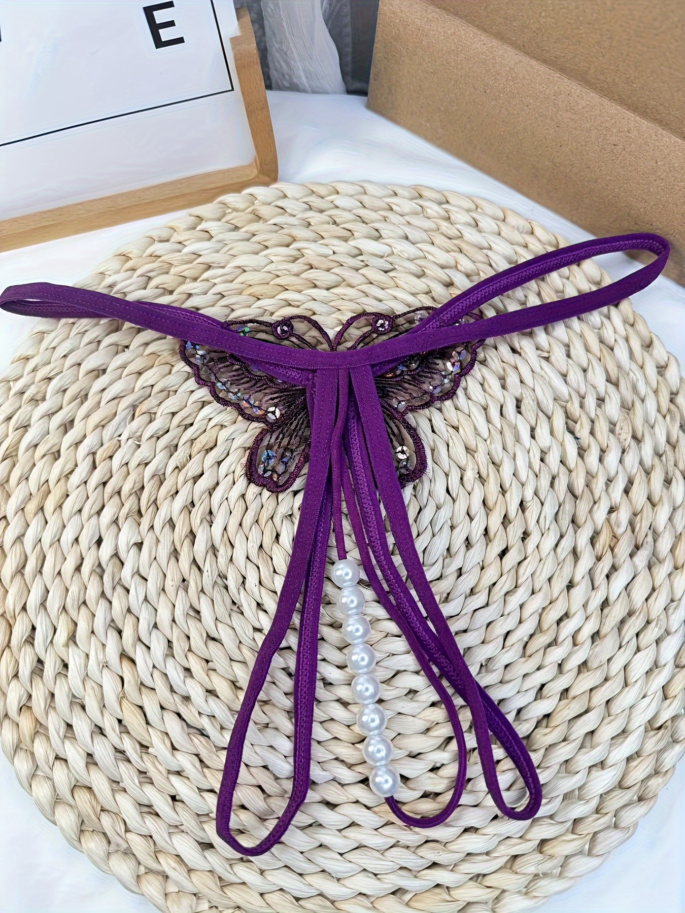 Sequin Butterfly Embroidery Thongs Faux Pearl Decor Open - Temu