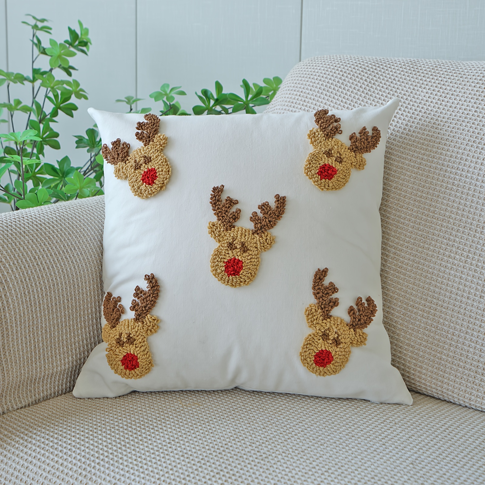 Image of 1pc Circle Velvet Embroidered Christmas Reindeer Pattern Pillowcase, Christmas Velvet Festive Decoration Pillowcase Cushion Pillow Car Lumbar Pillow Sofa Pillowcase