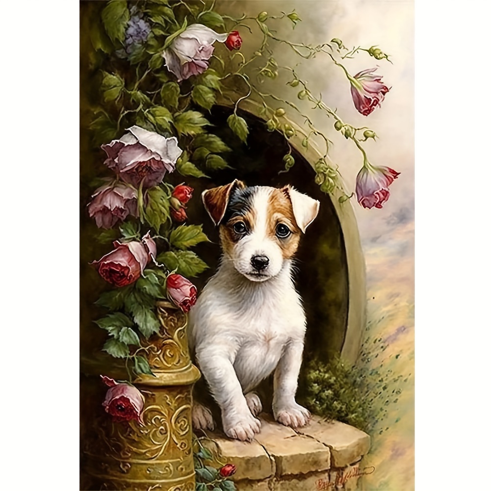 

Diy 5d Diamond Painting Kit: Adorable Jack Russell Puppy In A Flower Wreath, 40x50cm (15.8x19.7in), Animal Theme, Round Diamond Shapes, Acrylic (pmma) Material