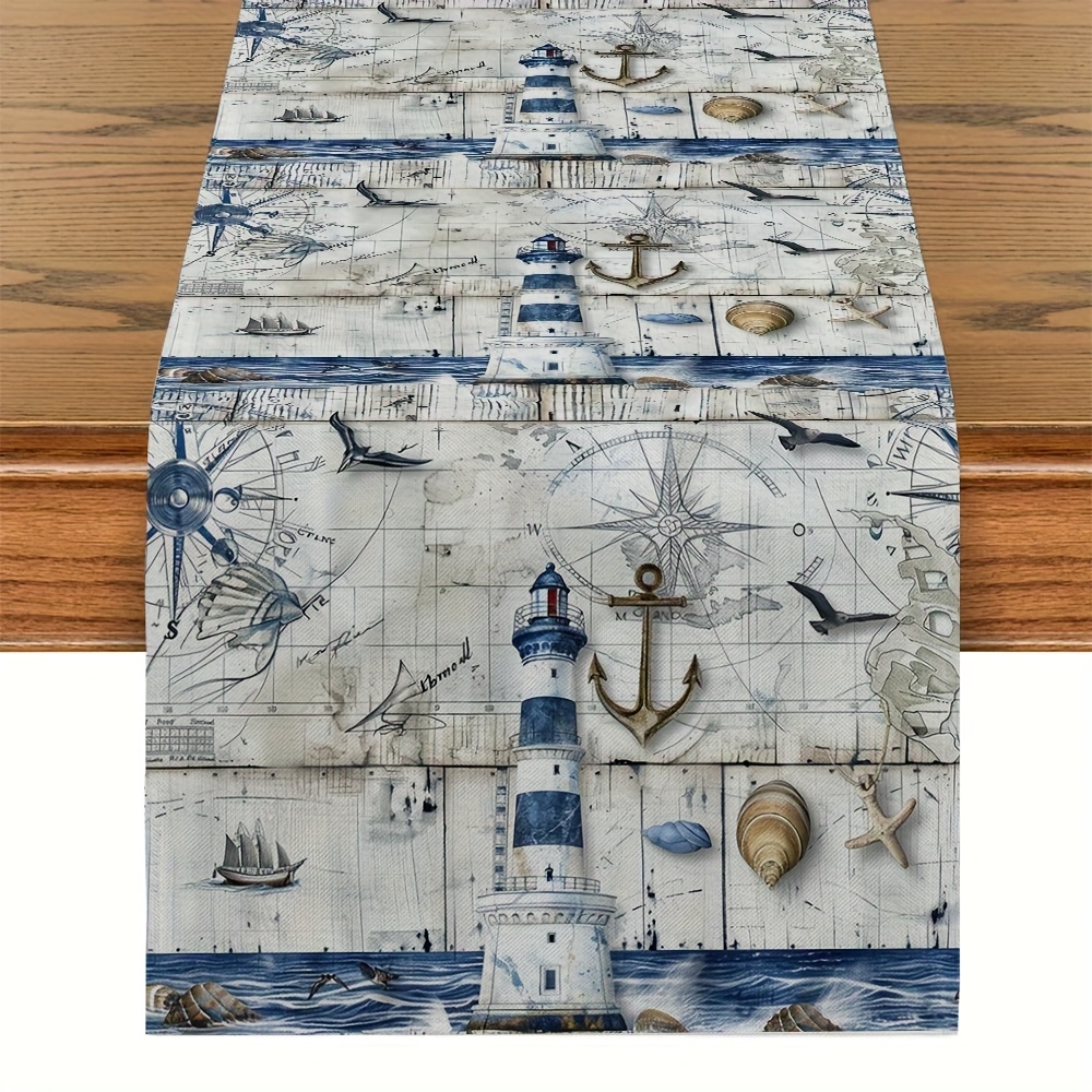 TEMU 1pc, Vintage Nautical Watercolor Maps, Table Runners Featuring , , Ship Compasses, And Starfish Shell Patterns, Suitable For Home , Parties,