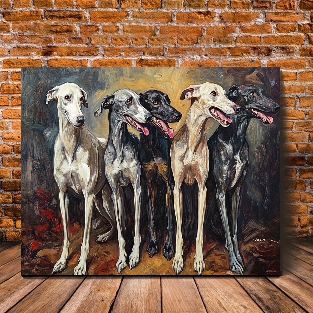 TEMU 2d Flat, 2d Flat, 1pc Framed Canvas Artwork, Measuring 11.8 By 15.7 Inches, Featuring Greyhounds. Ideal For Decorating Cafes, Offices, Living