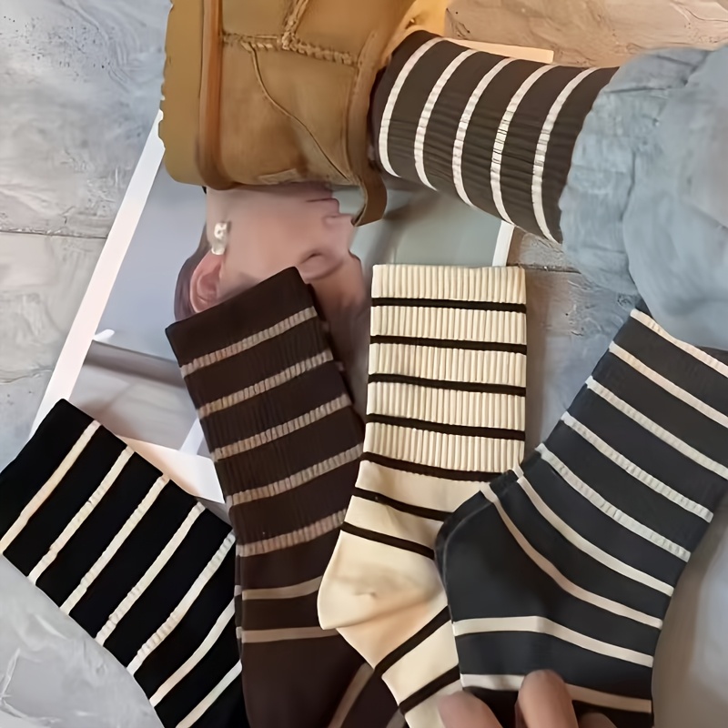 TEMU 5 Pairs Of Women's High Socks - Black And White Striped Ribbed, Elastic And , Suitable For Casual And Formal Wear, Machine Washable