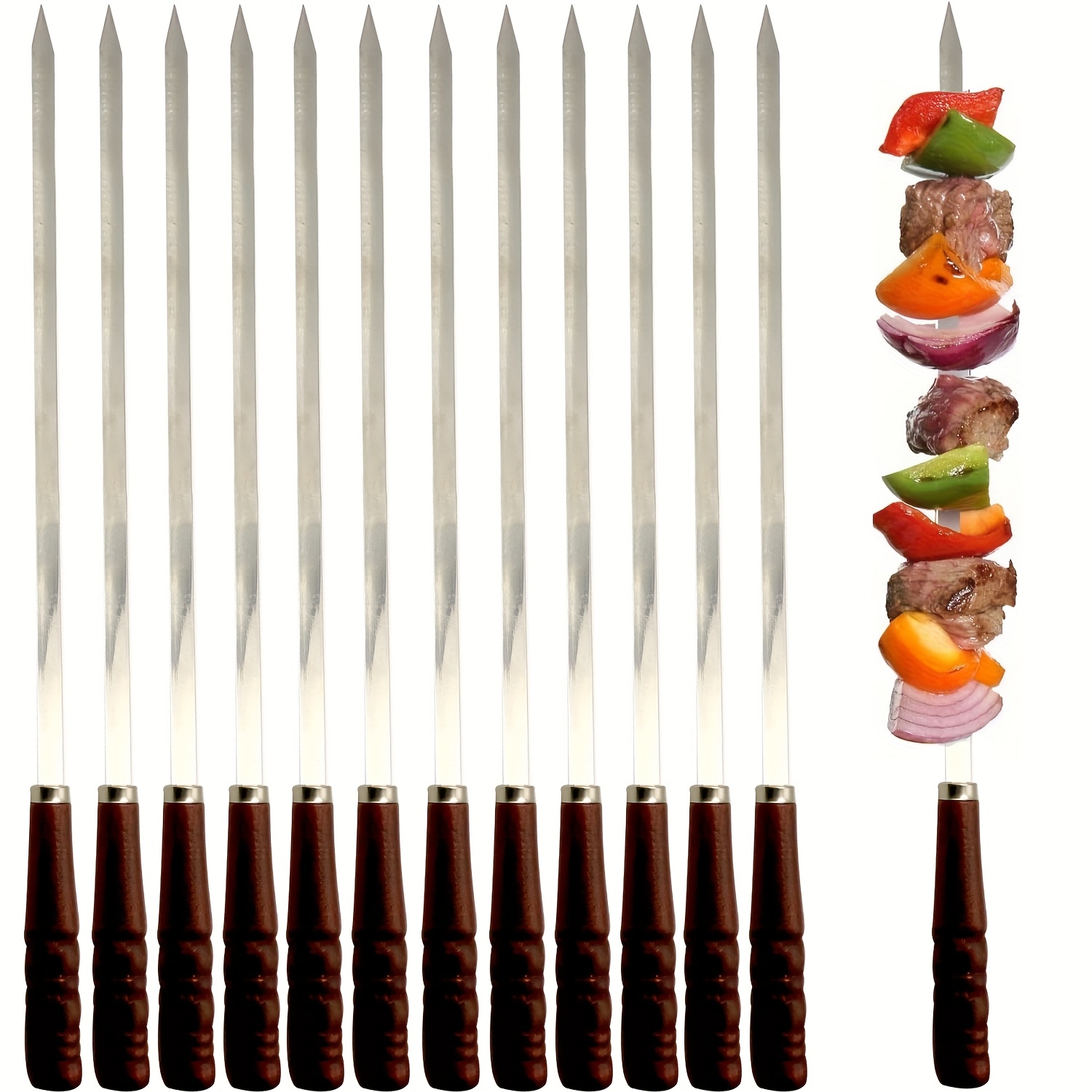 E-shop 12 Stück große BBQ-Spieße aus Edelstahl mit flachem Griff aus Naturholz. Durable, hitzebeständige BBQ-Spieße, geeignet für Camping, Grillpartys