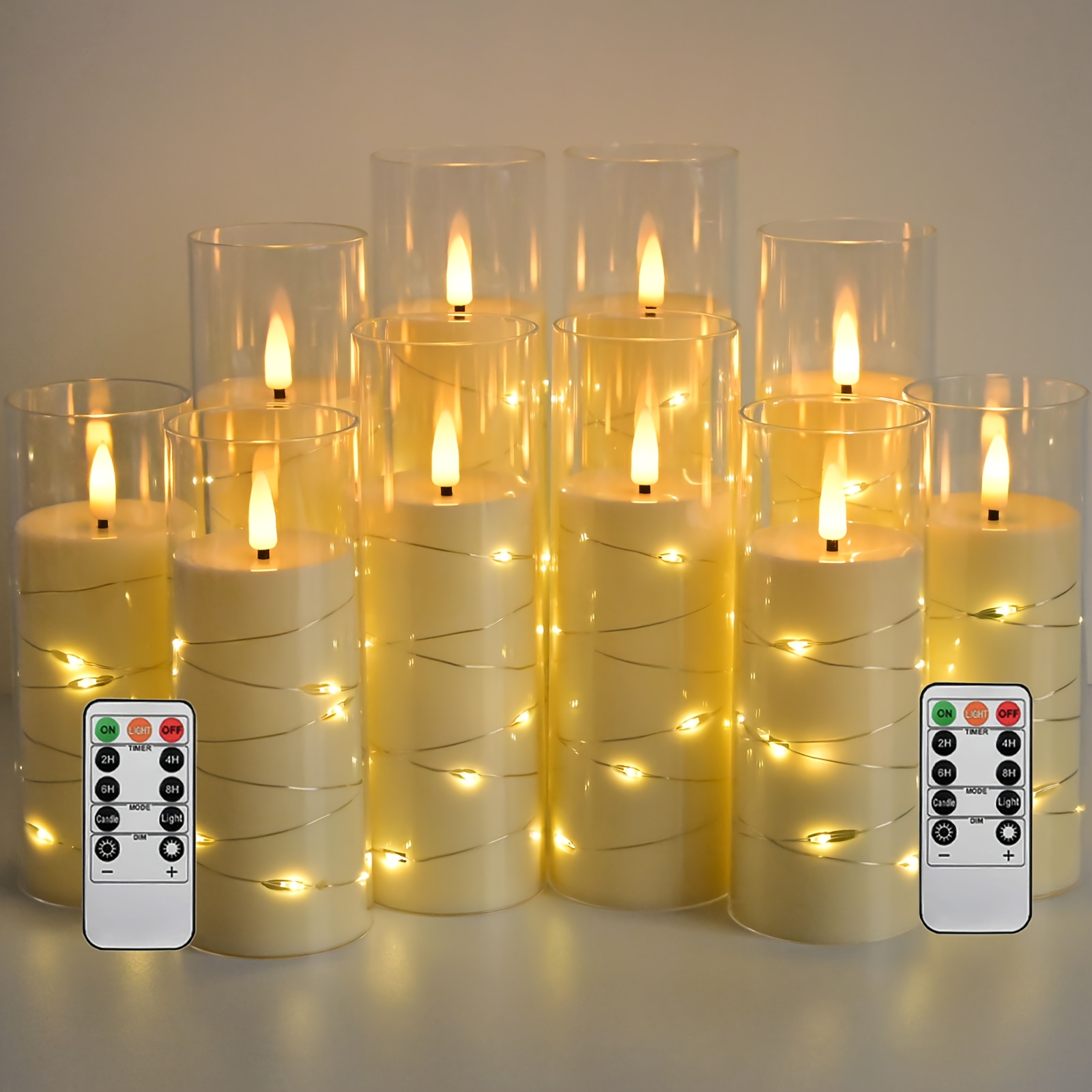 E-shop 10 Stück flackernde, realistische, flammenlose Kerzen mit eingebetteter Lichterkette für Hochzeitsdeko-Tischdekoration, batteriebetriebene