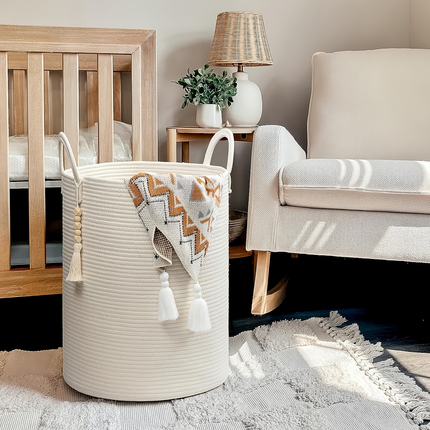 Large 65L Woven Rope Laundry Basket, Tall Hamper for Storing Dirty Clothes, Blankets, And, Ideal for Organizing in Bedrooms And Living Rooms - Collapsible - Beige, Shelf Baskets