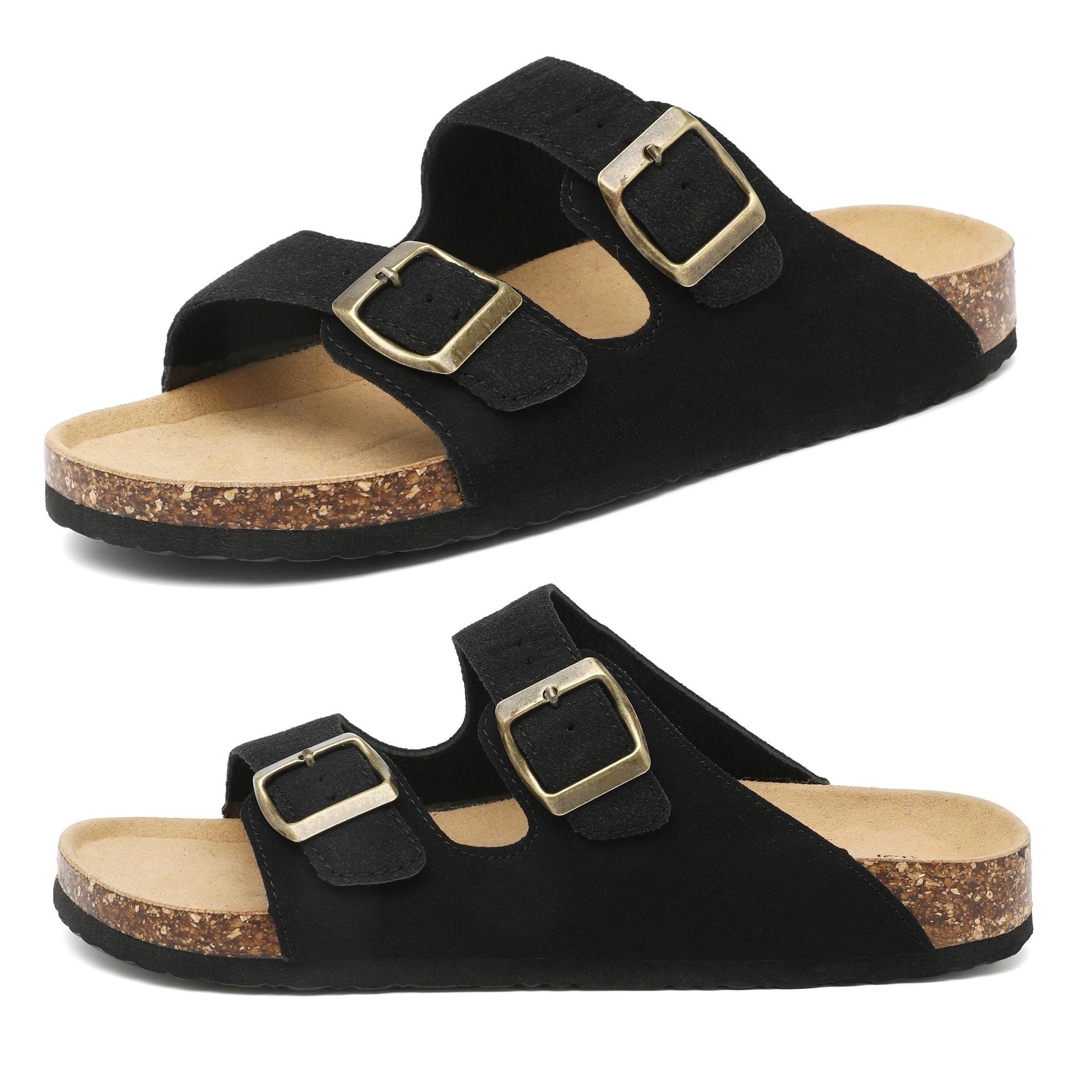 Women's Flat Cork Slippers, Double Buckle Strap Non-slip Shoes, Casual Outdoor Slippers