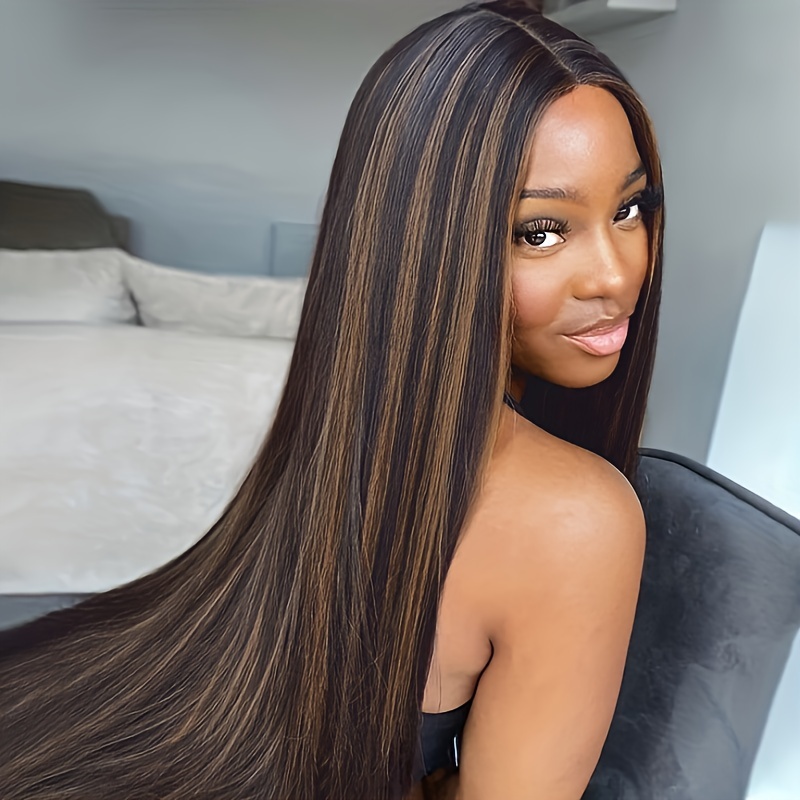 Highlight Brown Long Straight Hair Wigs Long Straight Lace - Temu Canada