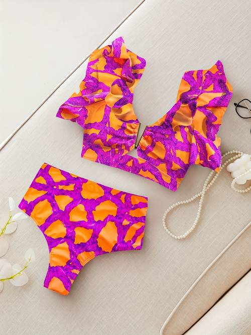 leaf print 2pcs set bikini v notch ruffle hem high waist swimsuits womens swimwear clothing