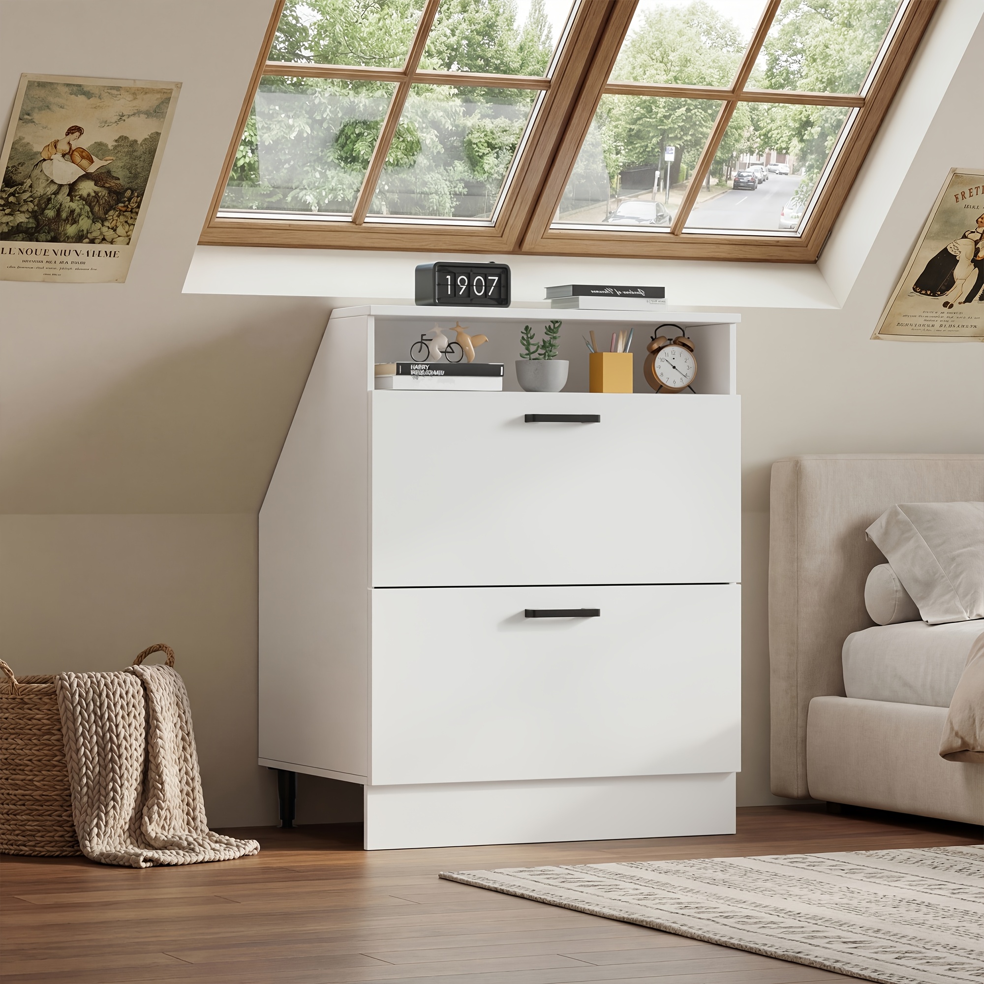 Image of Roof Storage Cabinet, Bedroom Drawer Unit, White, With 2 Drawers, Adjustable Legs, 60 X 46 X 81.5 Cm, Suitable For Saving Space Under Roofs, Storage Drawer Units