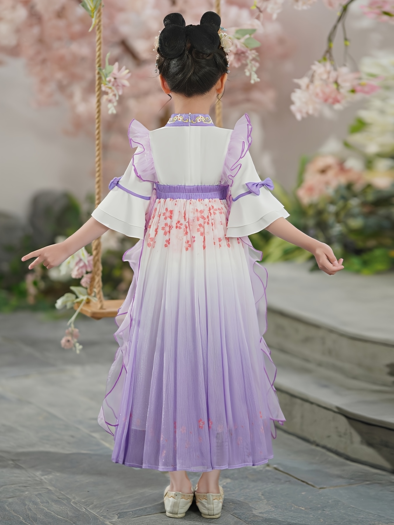 Girls' Traditional Chinese Hanfu Dress Elegant Lavender Formal gown with  Floral, V-Neck, Waist Belt Non-Stretchy Fabric for Chinese New Year