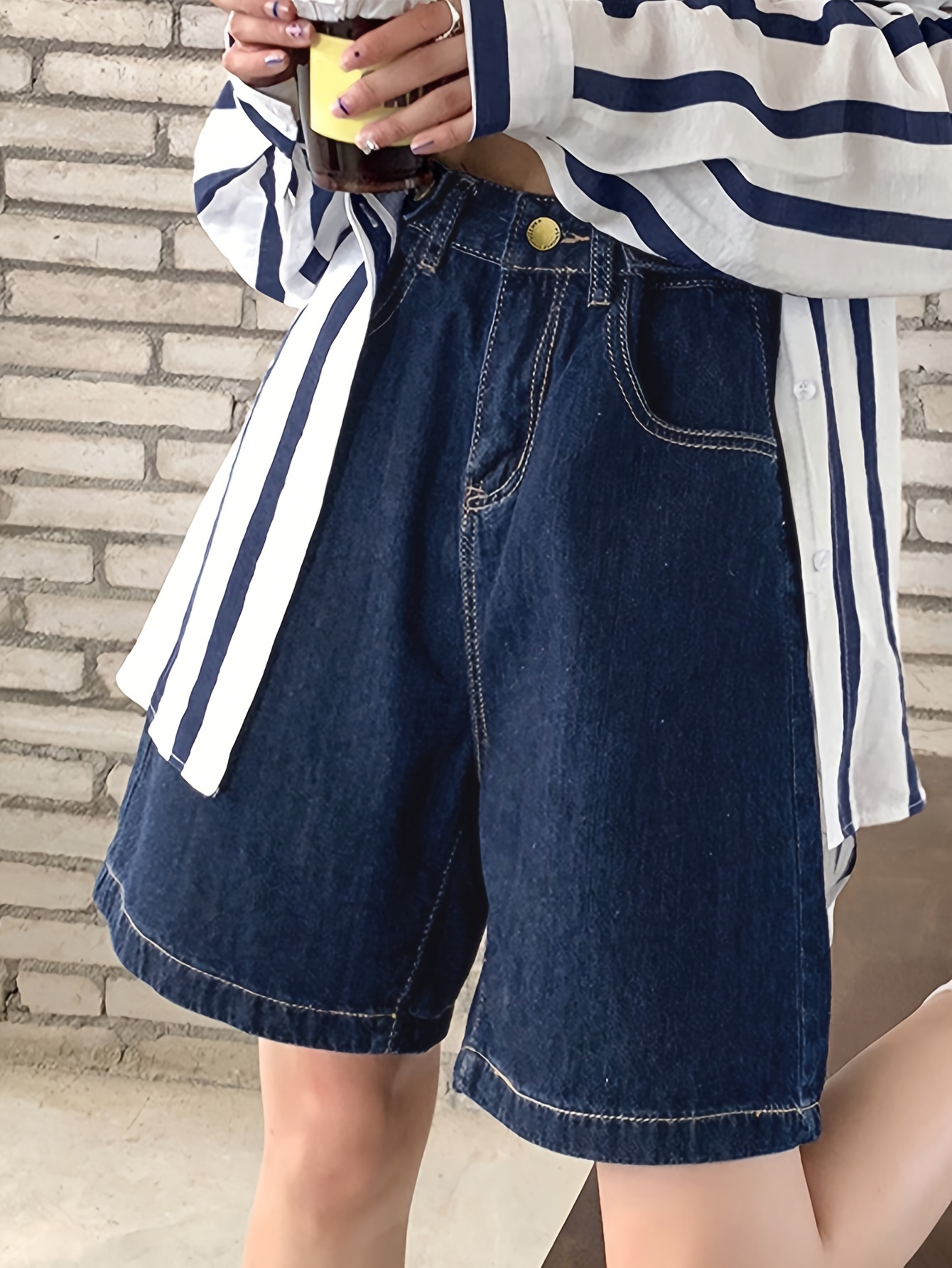 Shorts Mezclilla Talle Alto Mujer Color Solido Estilo Suelto Temu Chile