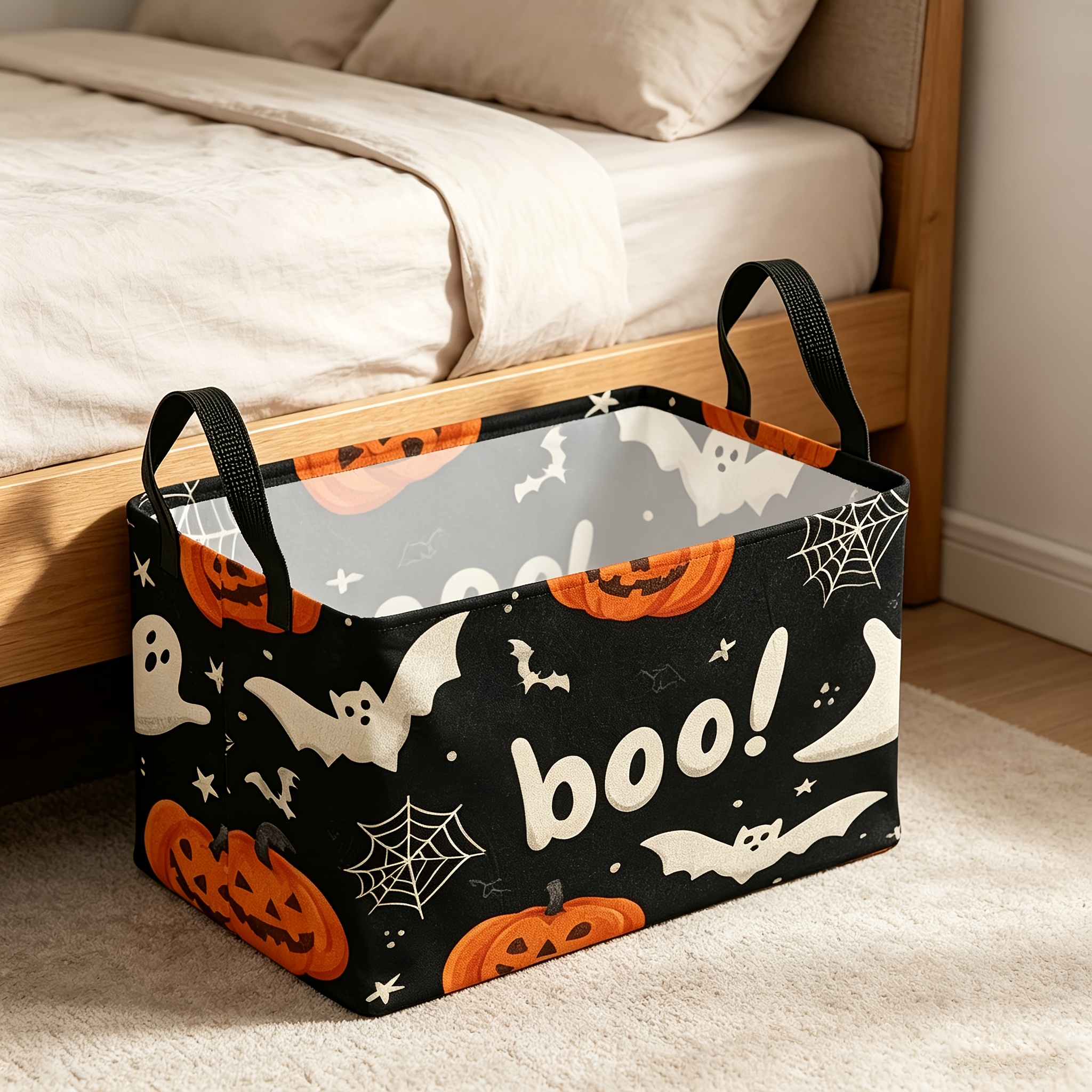 TEMU 1pc Halloween-themed Storage Basket, Featuring Horror Design With Pumpkins, , Bats, And "boo!" Text, In Multiple Sizes, Suitable For And