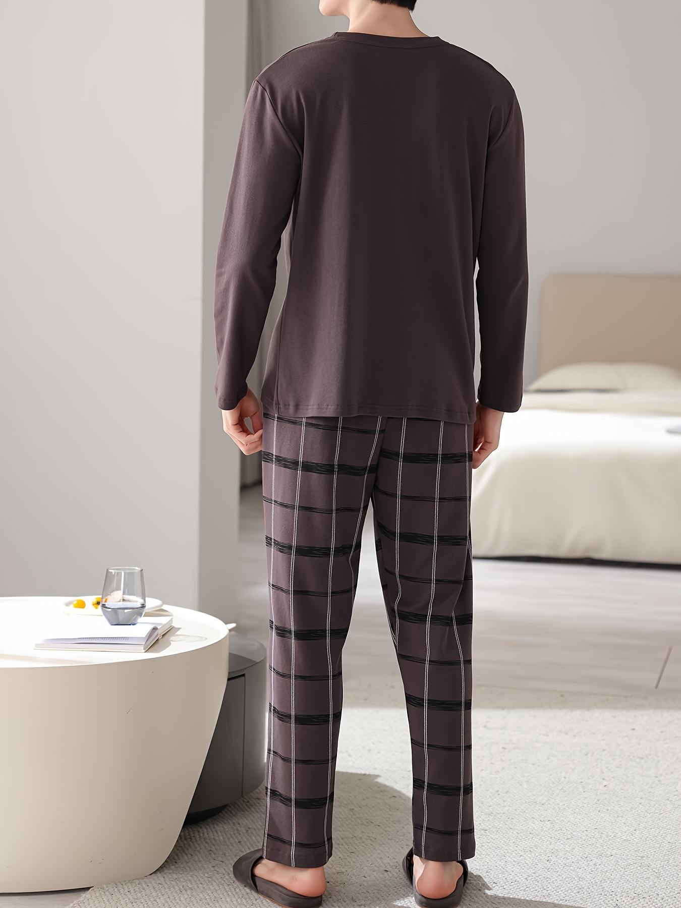 1set Men'S Casual Cotton Pajama Set, Long Sleeve Round Neck Sleepwear with Pockets, Loose Fit Knitted Pullover for Spring/Autumn - Comfortable Thin Cotton Outfit
