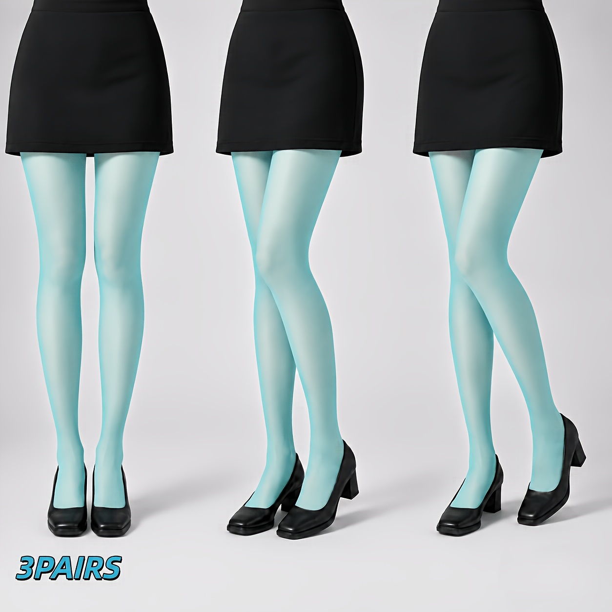 TEMU 3 Pairs Women's Turquoise Blue Semi-sheer Tights - Full-length Solid Color Pantyhose With Sheer Leggings, Hand Washable Suitable For Streetwear,
