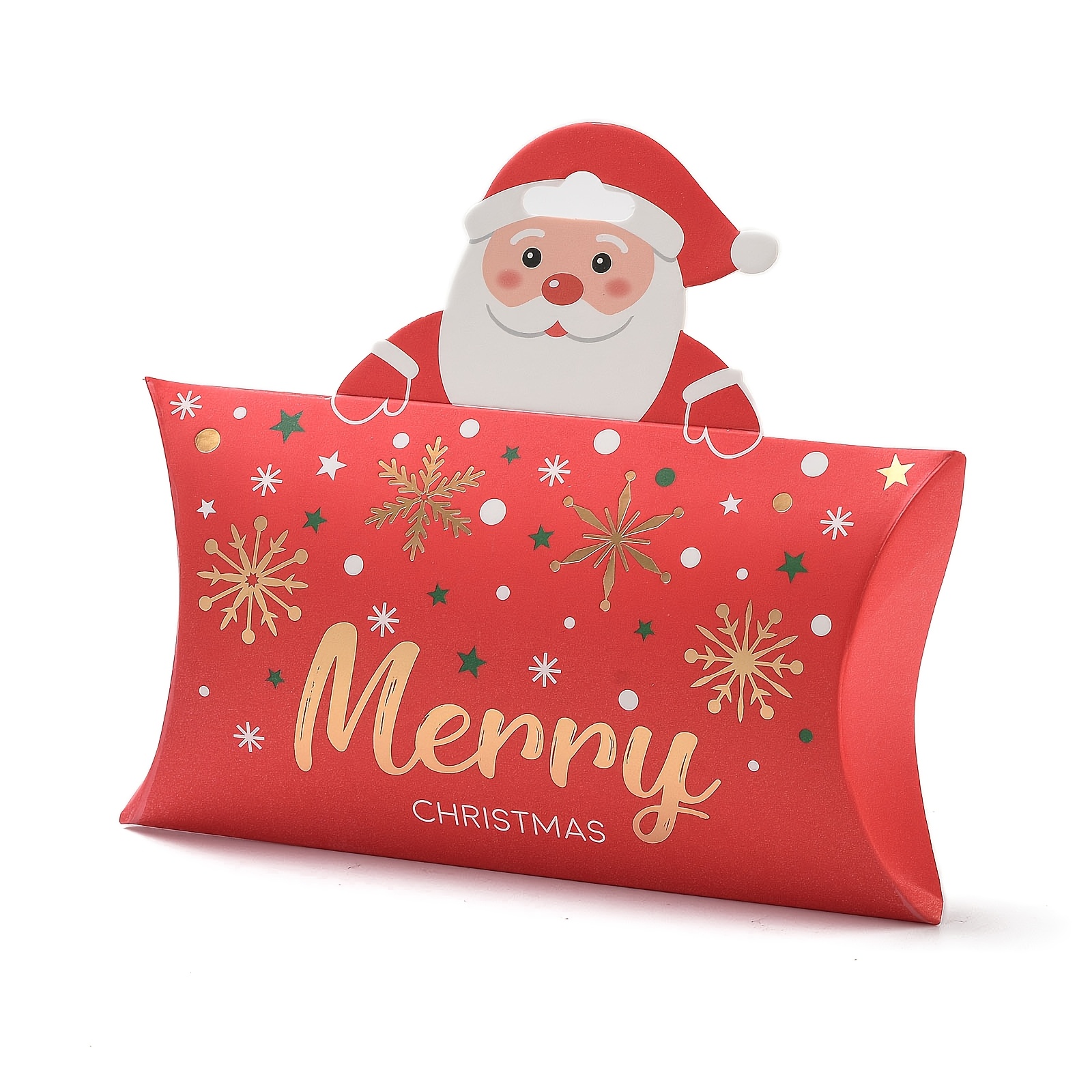 Image of 10pcs Christmas Gift Boxes With Santa Claus Design - Festive Paper Pillow Packaging For Holiday Presents, Includes Hanging Hole
