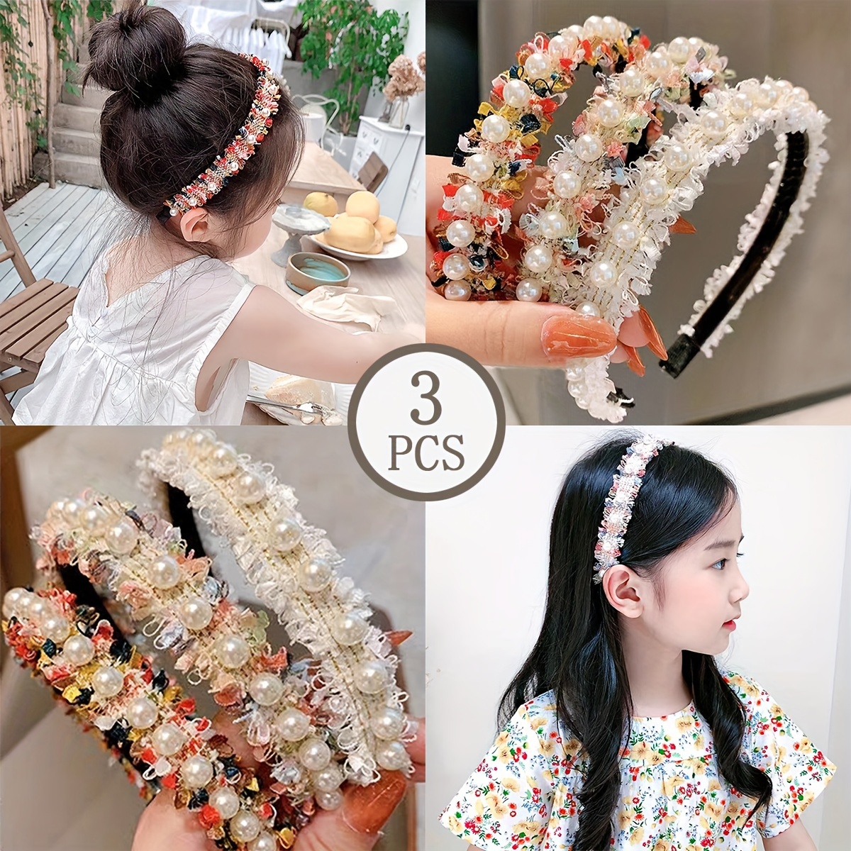 

3pcs ' Pearl & Lace Hairbands - Korean , Non-slip With Teeth Grip, Polyester - Ideal For Or Parties, Elegant Outfits For Girls