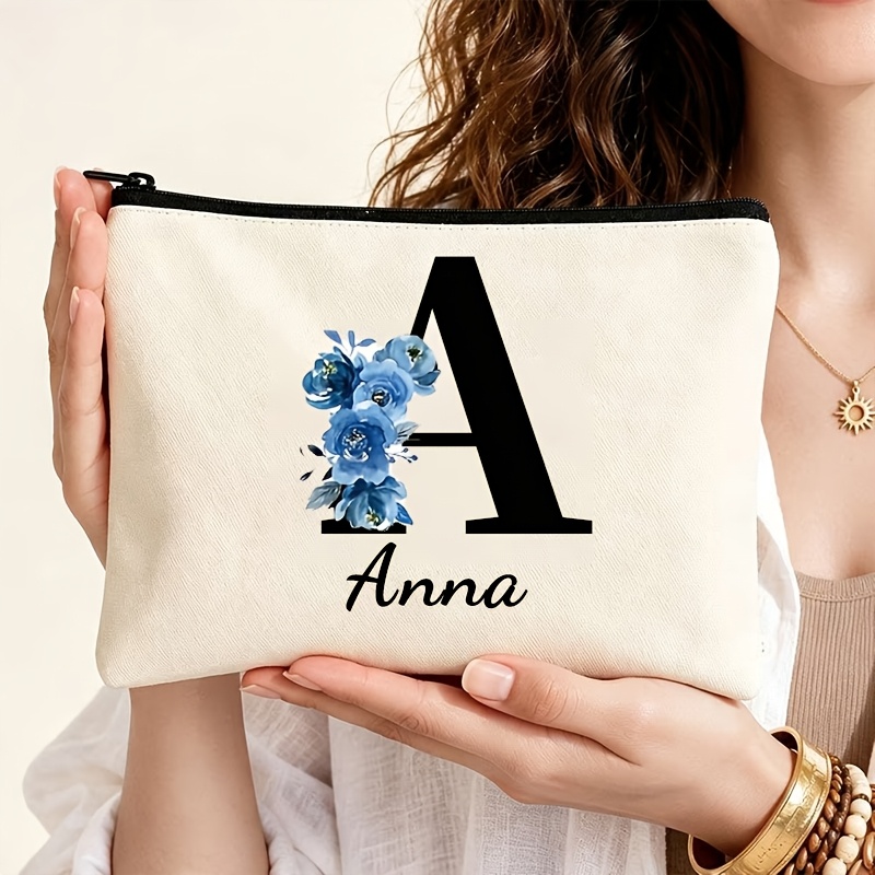 TEMU Neceser de maquillaje personalizado con de 26 - Neceser de cosméticos con estampado floral azul, neceser de novia, estuche para lápices, regalo