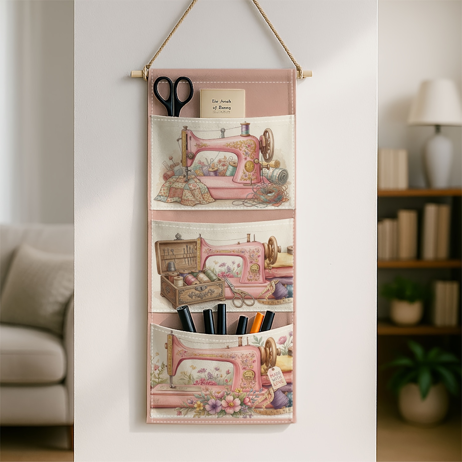 TEMU Organisateur de tissu mural 1 pièce machine à coudre florale vintage avec rangement suspendu multicouche et plusieurs poches, convient pour