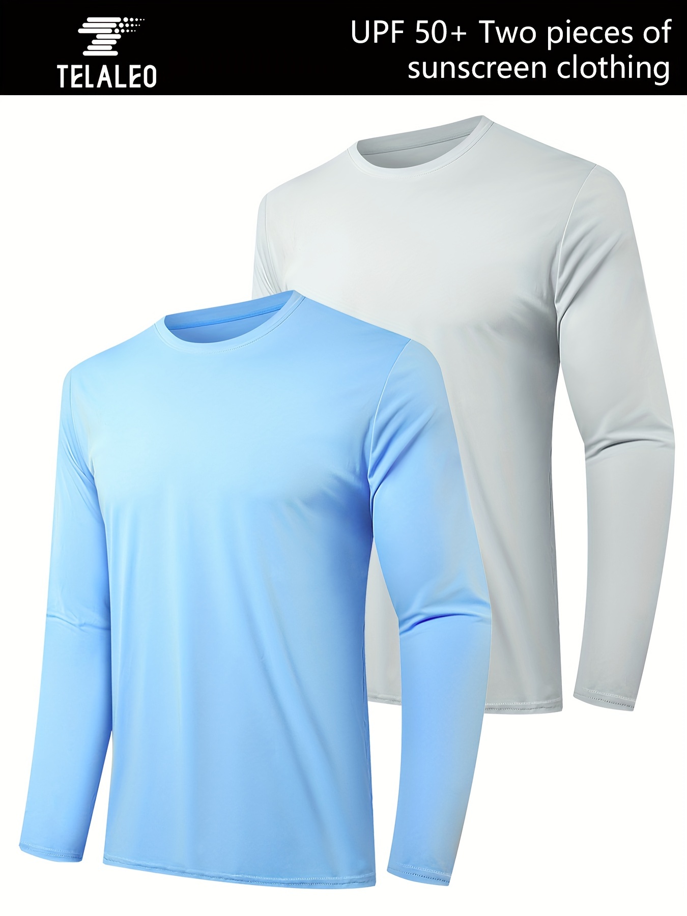 2 Pack UPF 50+ Men's Long Sleeve Lightweight Quick Dry Round Neck T-shirt  For Fishing Hiking Outdoor