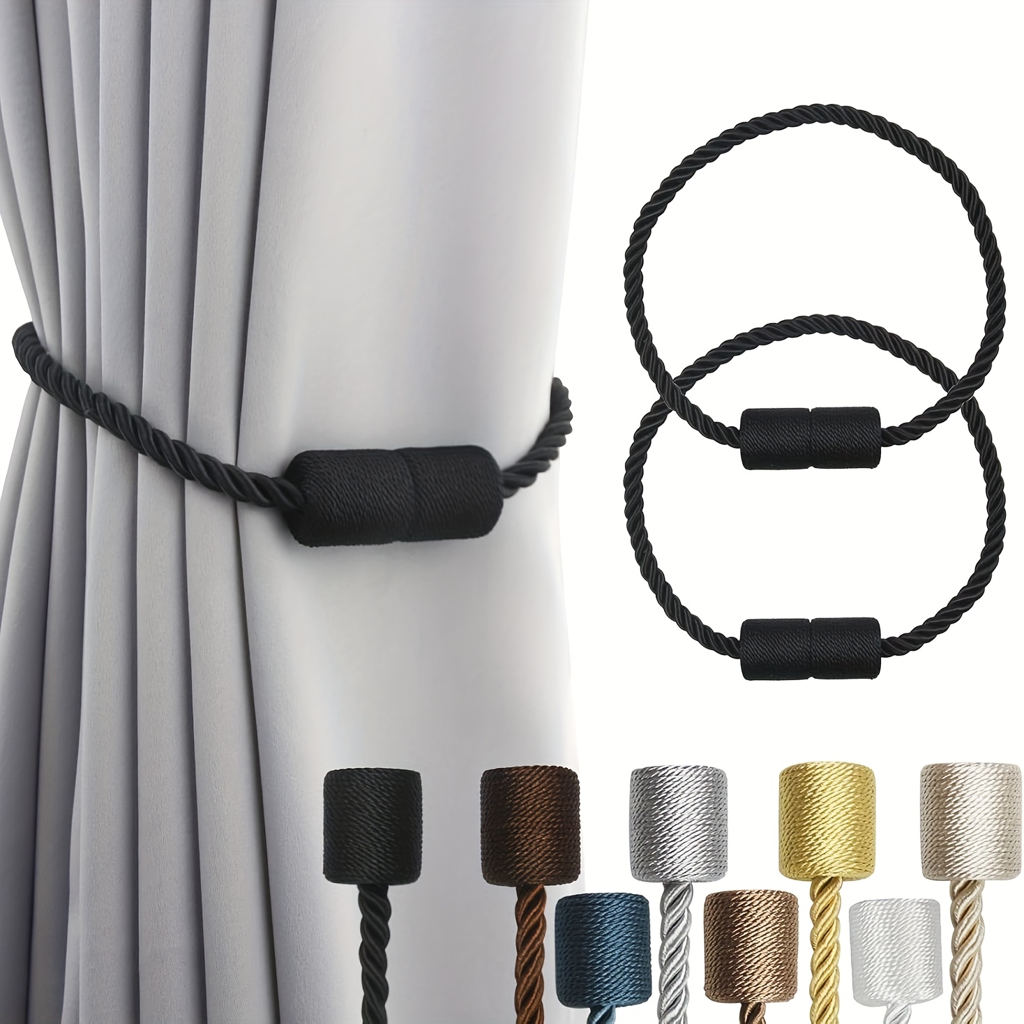 Image of 2pcs Bohemian Style Curtain Tiebacks, Decorative Draping Tiebacks, Elegant Hand-woven Rope Curtain Tiebacks With Wooden Rings, Suitable For Home And Office Curtain Ties