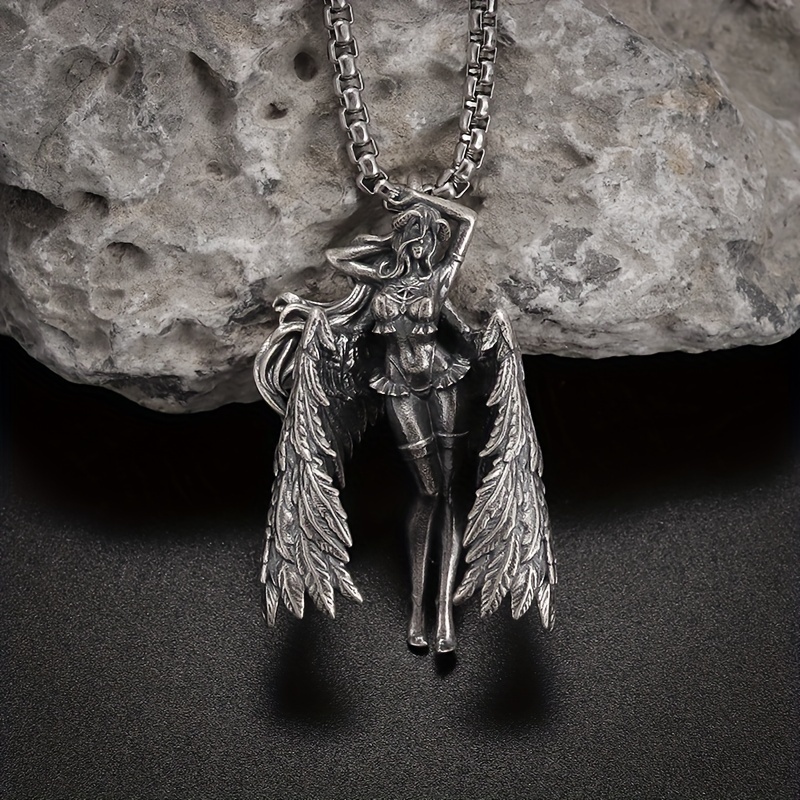 Image of 1pc Retro Gothic Wings Sexy Bikini Goddess Pendant Necklace For Men And Women Personalized Punk Cosplay Jewelry Gift
