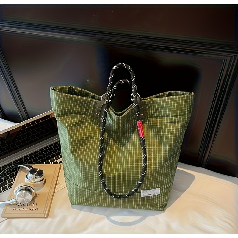 Image of Women's Dopamine-style Large-capacity Tote Bag - Stylish Plaid Design With Zipper Closure, Durable, Suitable For Beach/travel/early Use, 24-hour , Ideal For 15 Holiday Gifts