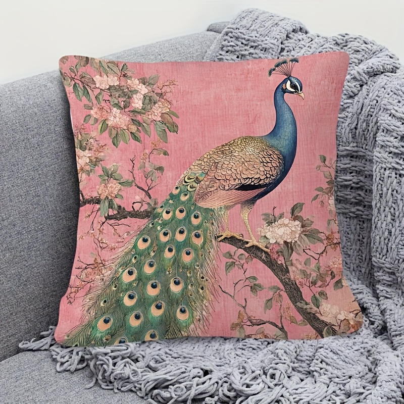 TEMU 1pc Traditional Style Peacock Decorative Pillowcase 18x18 Inches - Single-sided Print Short Plush Polyester With Zipper Closure, Hand Wash Only,