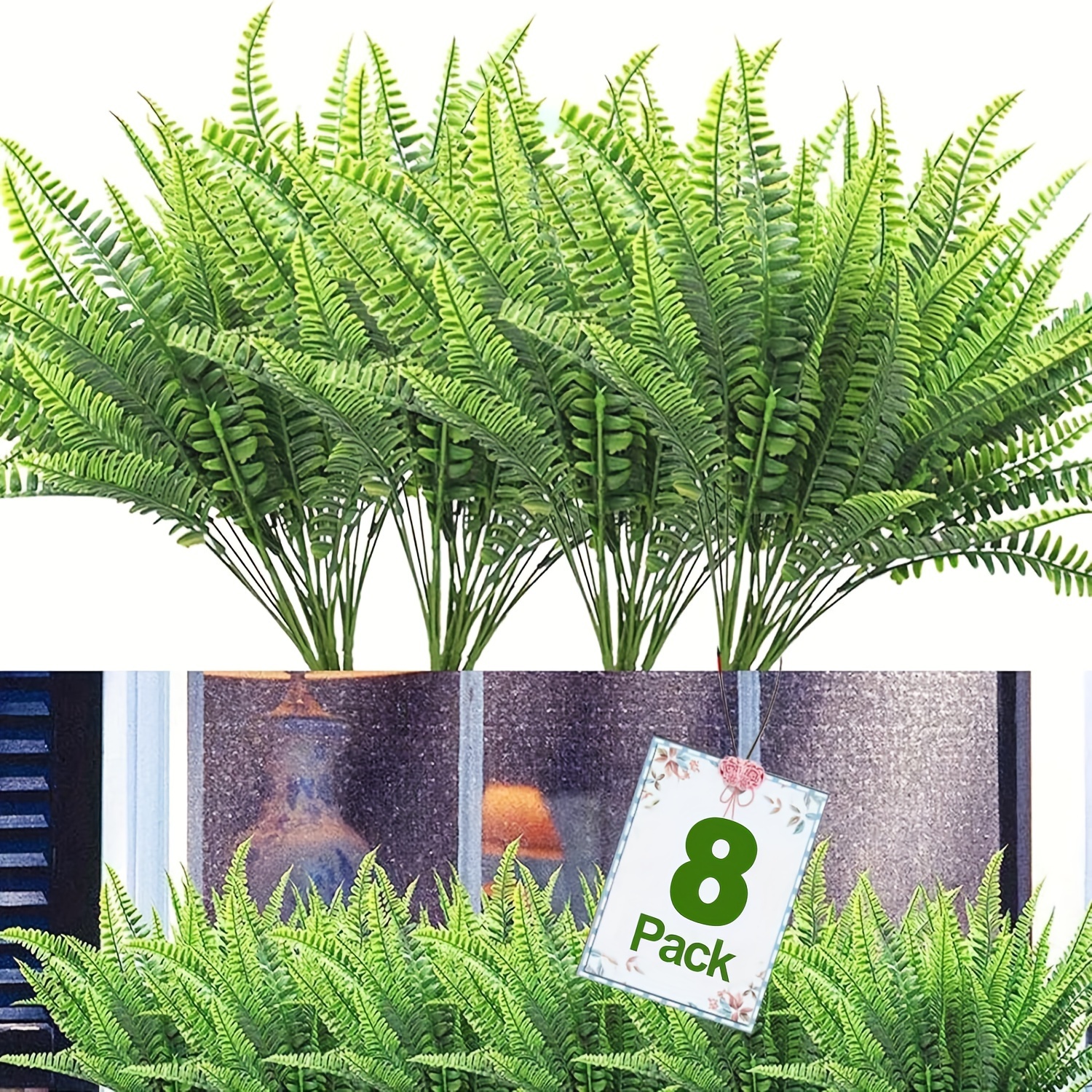

8-pack Uv Resistant Artificial Boston Ferns - Plastic Faux Greenery Shrubs, Freestanding For Indoor/outdoor Decor, Ideal For Christmas, Thanksgiving, Valentine's, Father's & Mother's Day