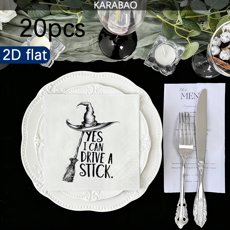 TEMU 20pcs Halloween Hat Broom Disposable Napkins, " Stick" Fun Text Style, Double Layer Thickened, Suitable For Table Decoration And Daily Use,