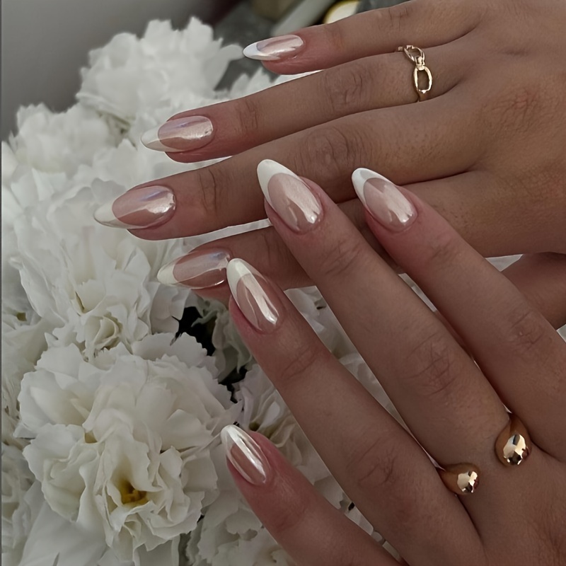 TEMU 24pcs Of Simple Pure Desire Aurora French Nail Art Sweet And Gentle Round Head Almond Nail Press-on Nail Sheets, With A Nail File And A Jelly