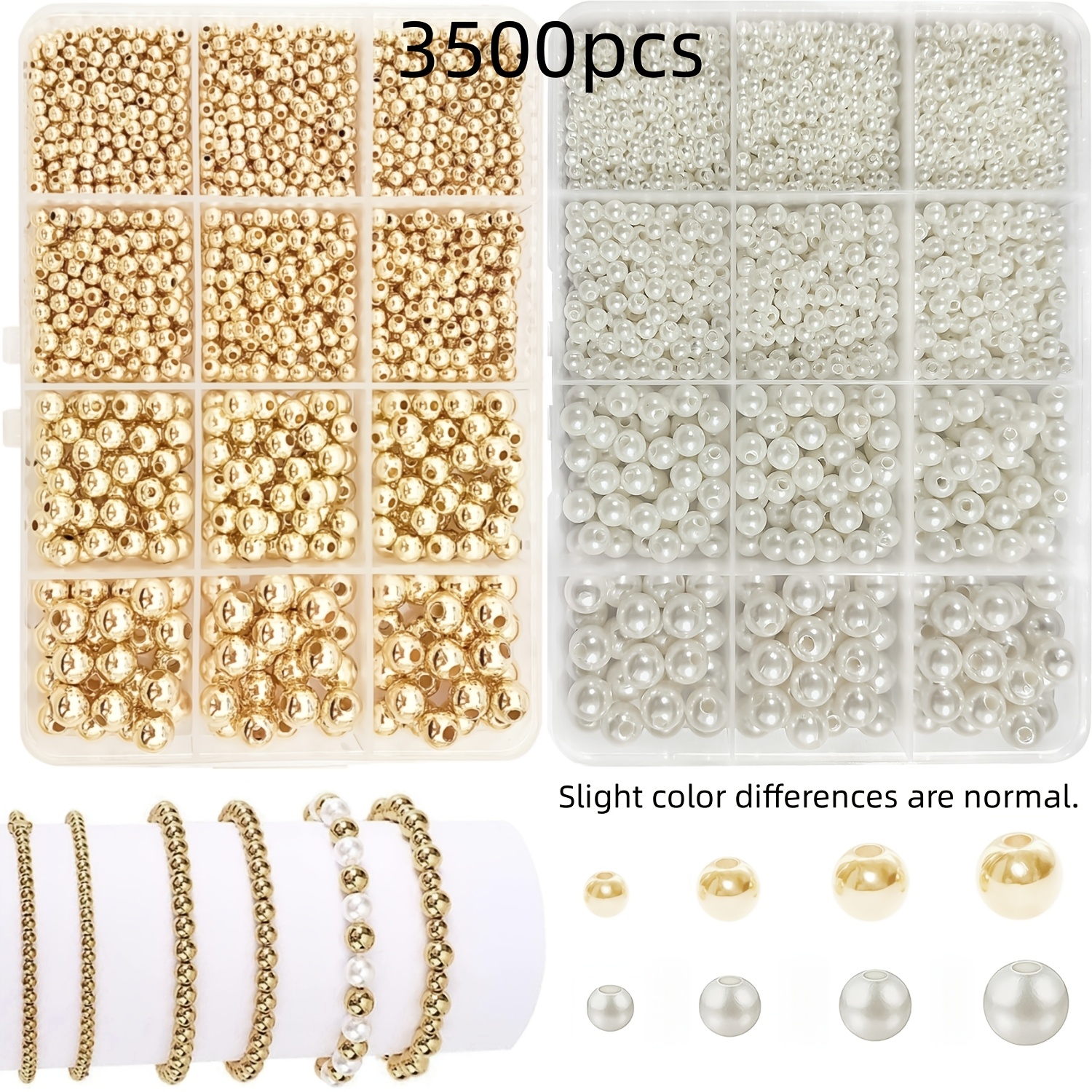 TEMU 1 Set Of Approximately 3000 Smooth Golden And White Beads, Glue-free, With 3/4/6/8mm Spacer Beads, Suitable For Diy Bracelets, Necklaces, And