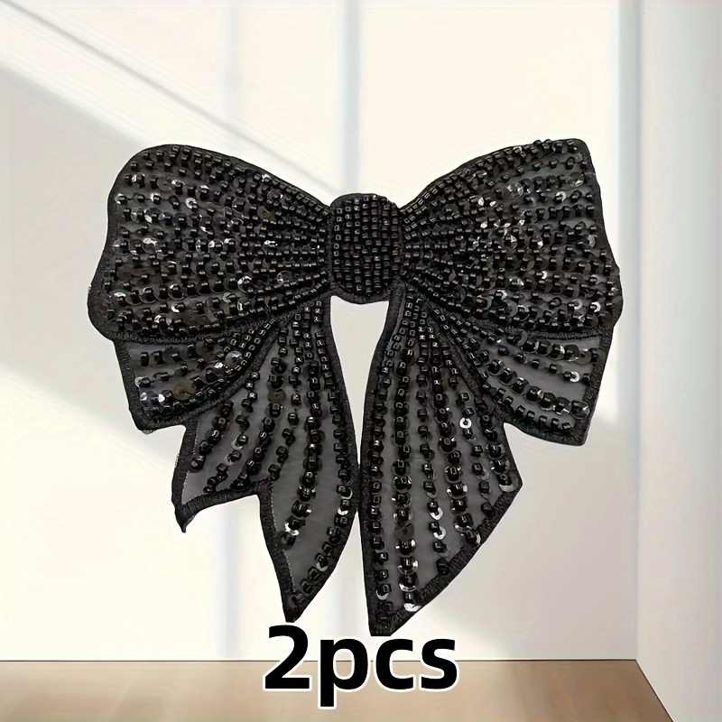 Image of 2pcs Black Sequin Bow Embroidery Iron-on Patches For Diy Headwear, Clothing Accessories & Crafts