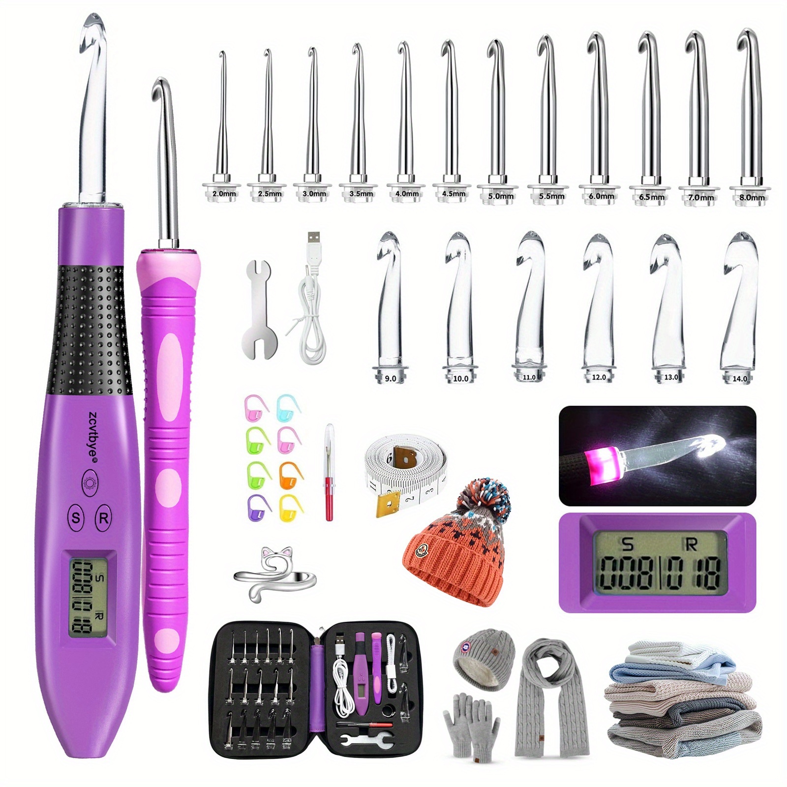 18 Size Counting Crochet Hooks Set, Light Up Crochet Hooks For Stitch & Row Counter, Lighted Crochet Needles Kit With Case (purple)