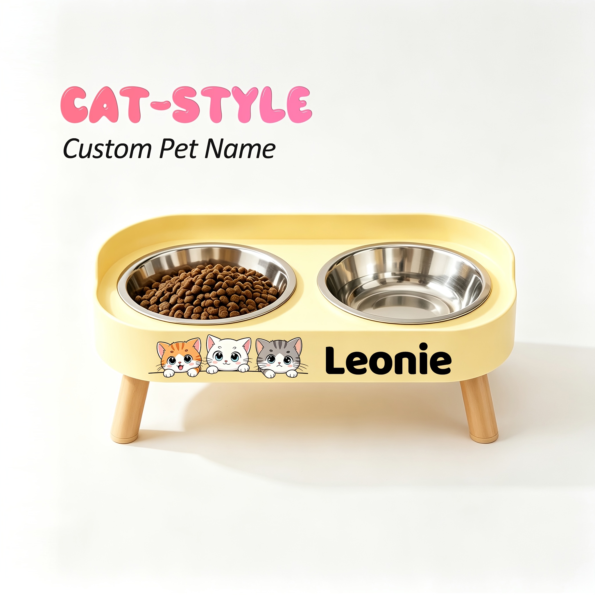 Raised Double Bowl Feeder with Custom Pet Name