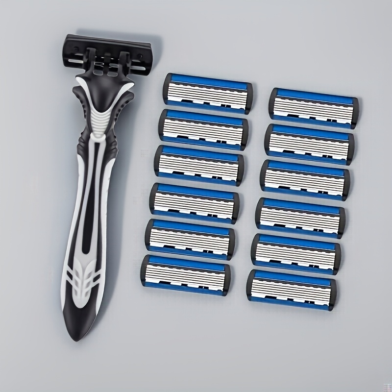 TEMU 1+12 Men's 6-layer Manual Shaver Set, Black And White Handle - Stainless Steel , Ergonomic Grip, Suitable For Beards And Sideburns, Includes 12