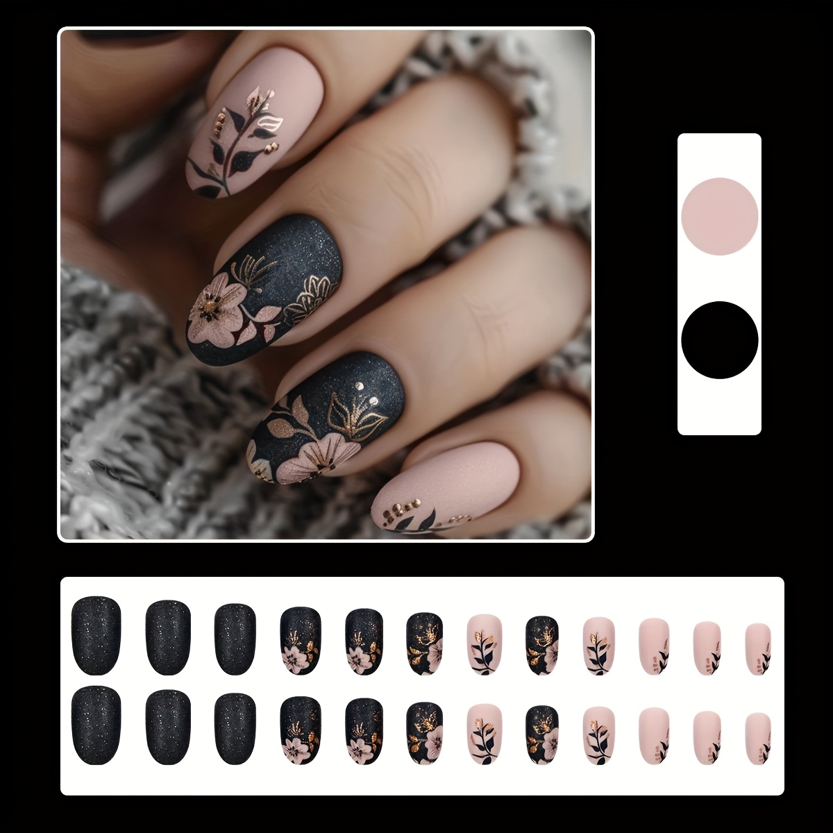 E-shop 24 Stück Kurze Mandel-Press-On-Nägel Frühling Sommer Blumendesign mit Blatt, 3D-Blume und Unifarben-Mix, Glänzende Vollständige Abdeckung