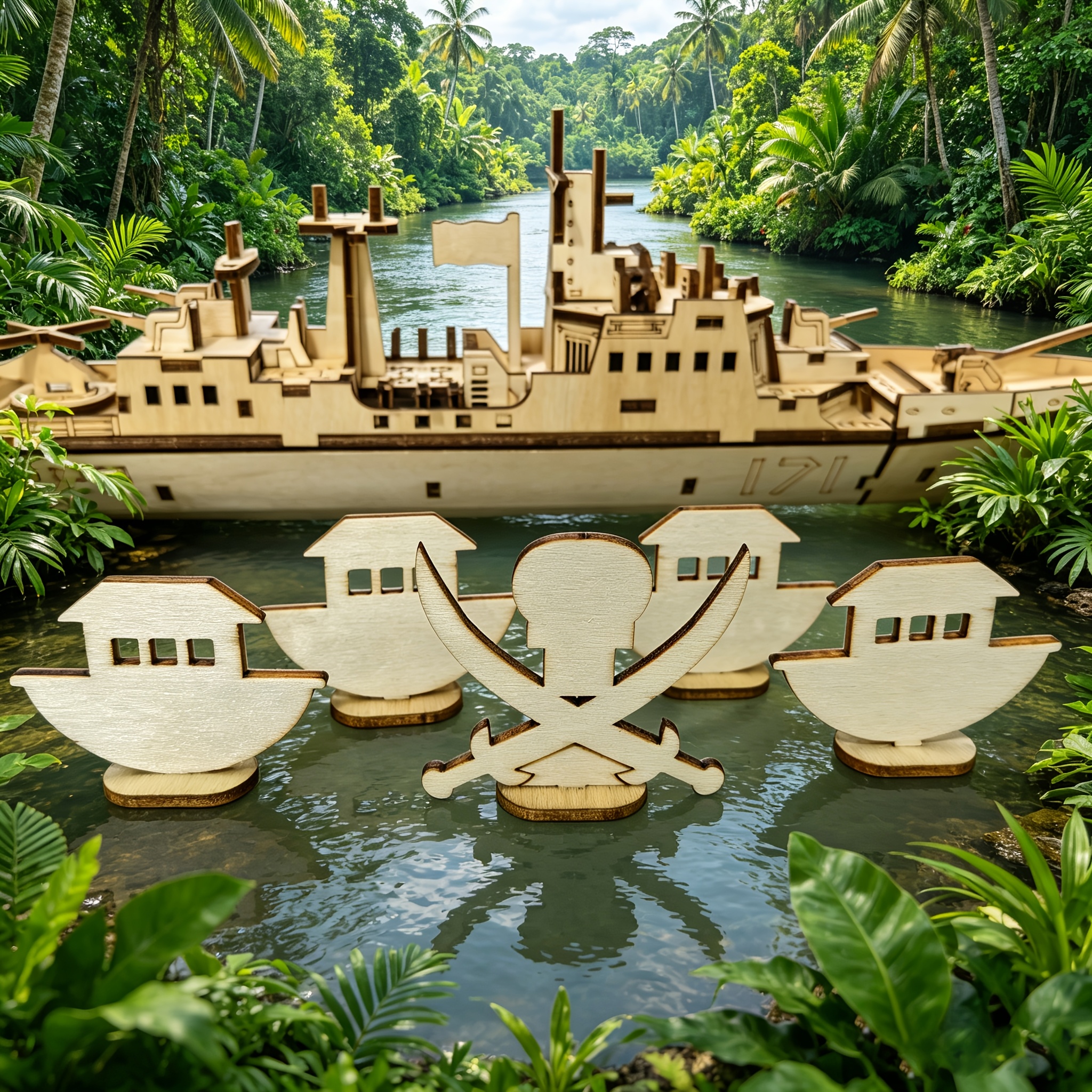 3D Wooden Ship Puzzle Assembly Set, Featuring Boat and Pirate Skull Figurines
